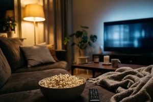 Уютный вечер дома с попкорном и телевизором для просмотра комедий