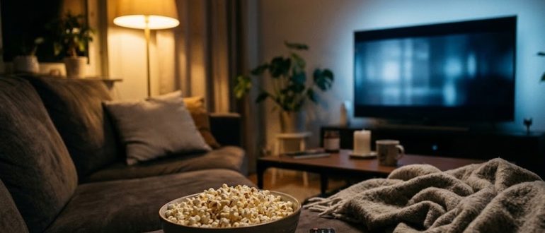Уютный вечер дома с попкорном и телевизором для просмотра комедий